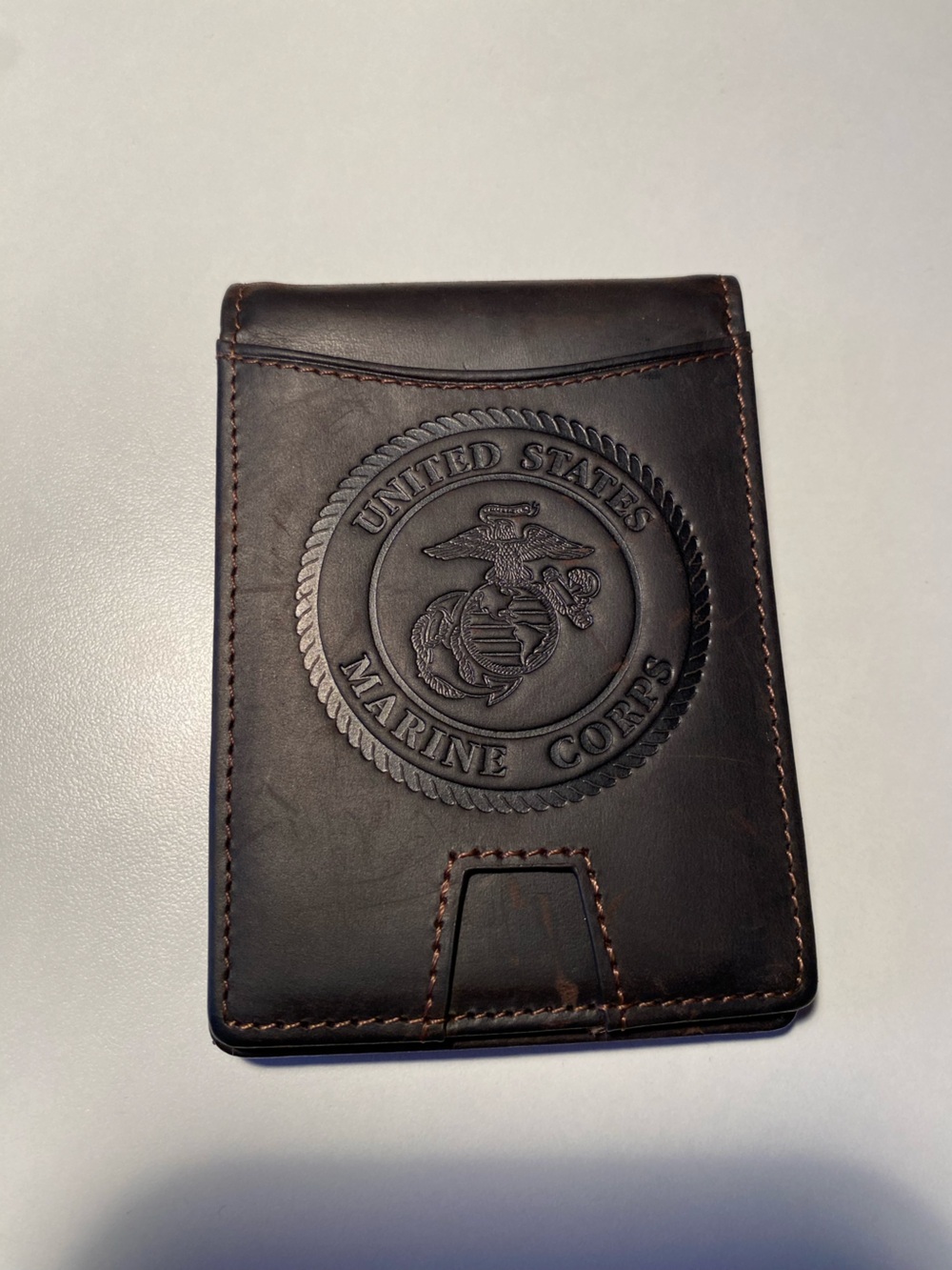 Brown Leather Bifold Wallet with Money Clip Embossed with Marine Emblem